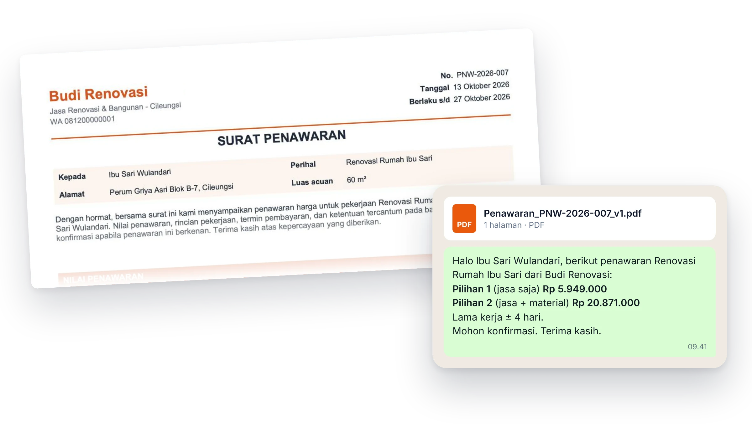 Contoh surat penawaran PDF dan pesan WhatsApp yang dikirim dari MandorinPro