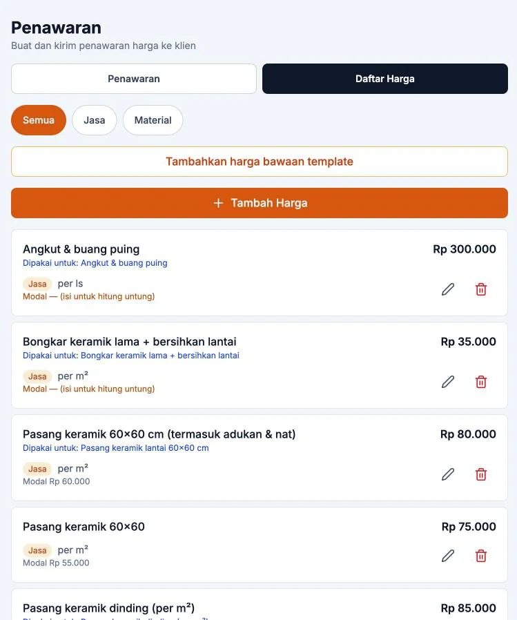 Daftar harga jasa dan material di MandorinPro