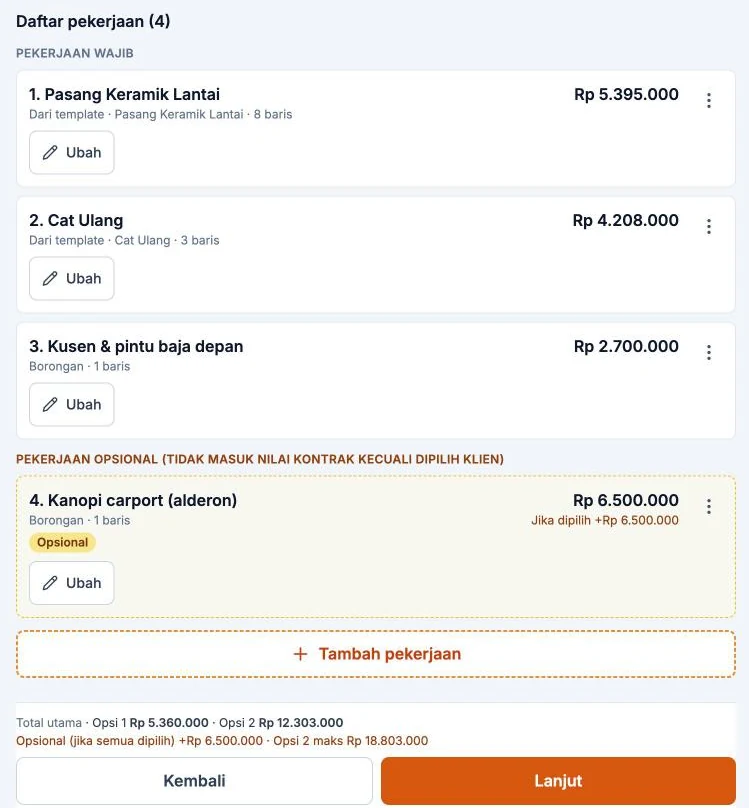 Daftar pekerjaan dalam satu penawaran, dengan satu pekerjaan opsional