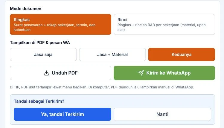 Pilihan mode dokumen, tombol Unduh PDF dan Kirim ke WhatsApp