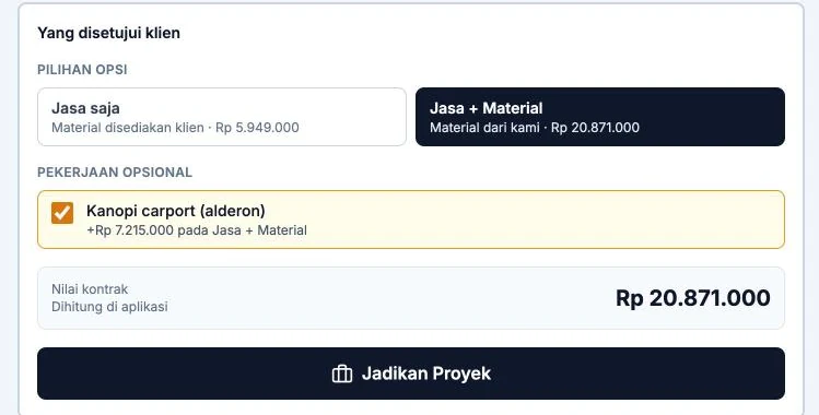 Pilihan klien: jasa saja atau jasa dan material, dengan pekerjaan opsional yang dicentang